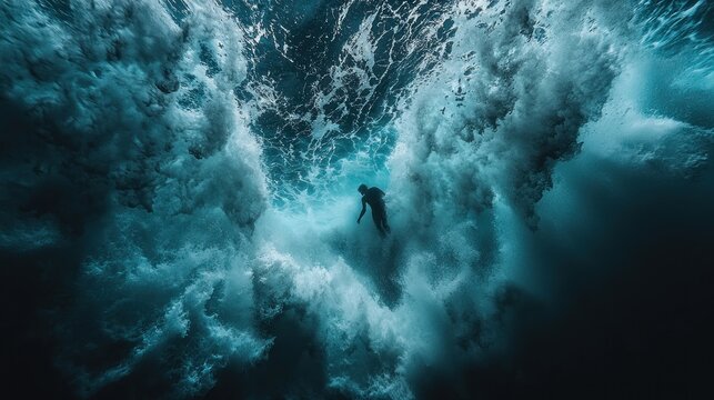 Surfer Silhouetted Within A Powerful Ocean Wave