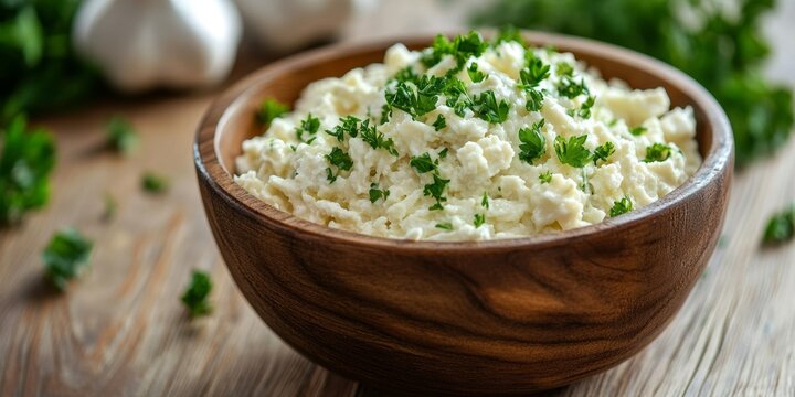 Serbian salad with fresh parsley in wooden bowl on rustic table