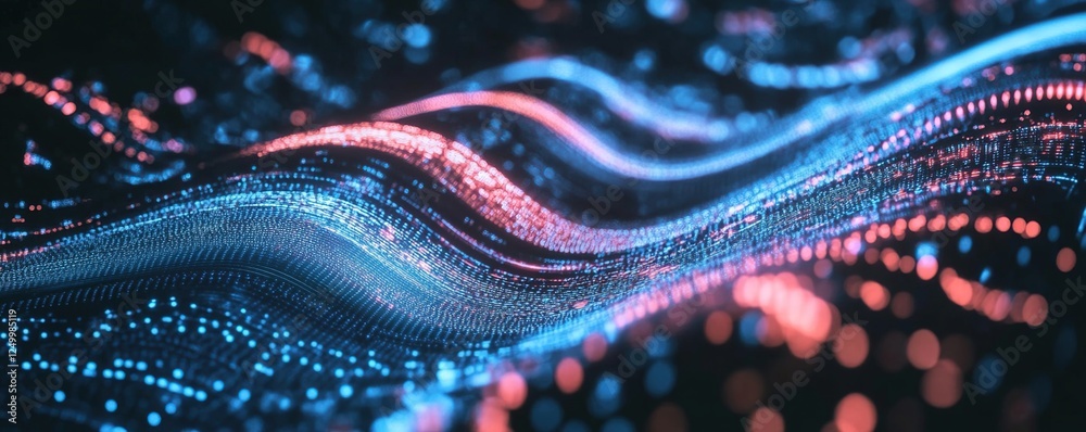 Poster abstract data waves flowing dynamically across screen, illuminated in vivid hues of blue and red, cr