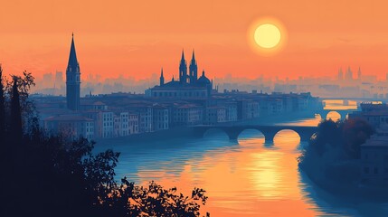 Fototapeta premium Cityscape at sunset with river and bridge, ideal for travel or art projects