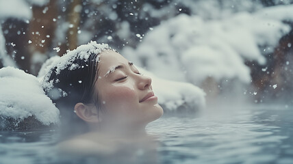 Fototapeta premium 雪見露天風呂で肩まで浸かり、ため息をつく日本人女性の贅沢なひととき