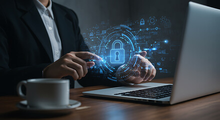 Businesswoman Working On Laptop With Digital Icon Graphic On Desk