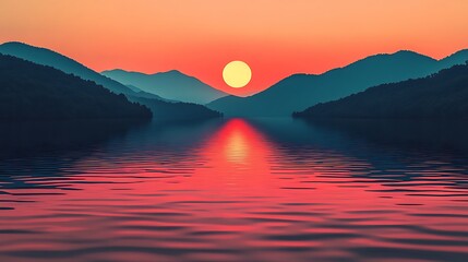 Mountain lake sunset reflection, serene landscape background, ideal for travel ads