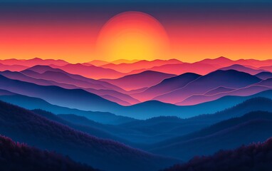 Obraz premium Vibrant sunset over layered mountains, ideal for nature backgrounds