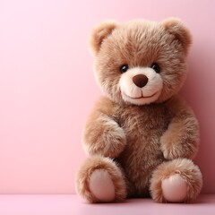 Fototapeta premium Cute teddy bear sits pink background, studio shot