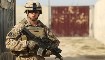 Obraz premium Armed soldier wearing camouflage stands at attention in desert setting