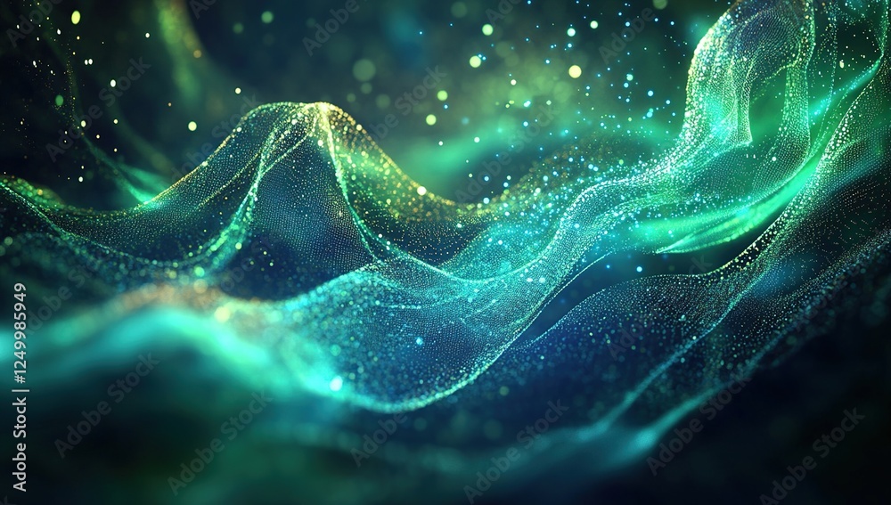 Poster abstract green particles flow dynamically in space with glowing lights, creating a mesmerizing visua
