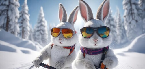 Adorable rabbit wearing sunglasses navigating through deep powder on skis with ease , navigation, winter scenery, serene