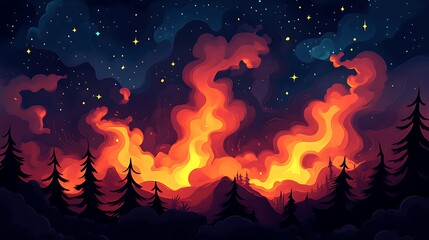 Night forest fire under starry sky, illustration for environmental awareness