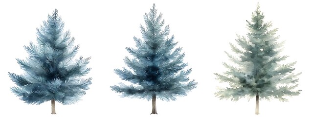 Three blue spruce trees isolated on white background