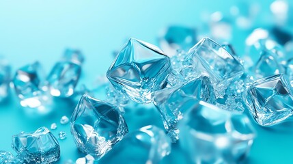 Ice Cubes Scattered on a Bright Blue Surface Reflecting Light in a Cool, Refreshing Environment