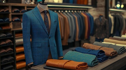 Elegant Tailored Suit Displayed in Upscale Men's Fashion Boutique with Fabric Samples