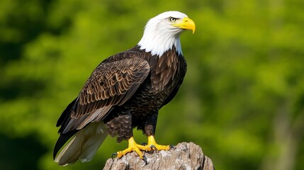 Fototapeta premium Majestic Bald Eagle Standing Proudly on a Rock with Green Background