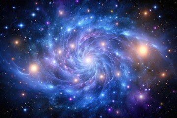 Fototapeta premium Distant galaxy cluster with glowing blue and purple centers, set against a backdrop of swirling black and gray, astronomy, deep space, cosmos