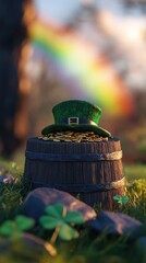 Fototapeta premium Leprechaun hat and gold coins sit on a wooden barrel