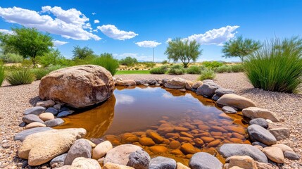 Serene Rock Pond Surrounded by Lush Desert Vegetation under Blue Sky