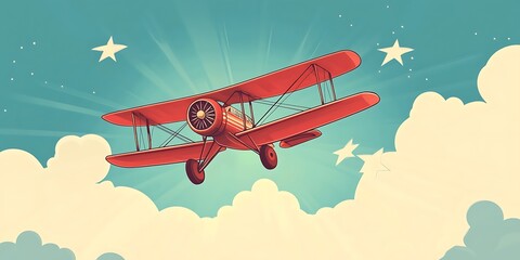 Red biplane soars through cloudy sky with stars, ideal for travel themes