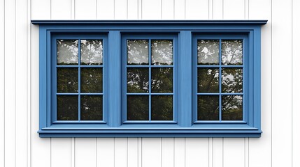 Fototapeta premium Blue window with trees outside on white wall