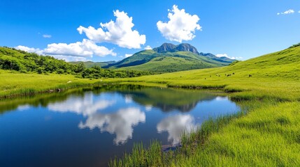 Serene Mountain Landscape with Reflection in Calm Water Body
