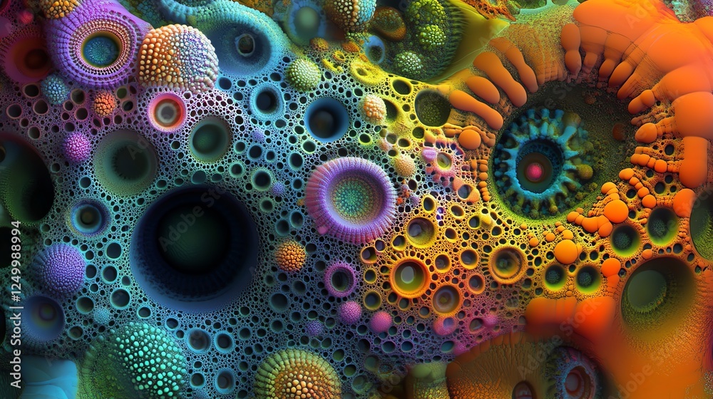 Poster vibrant abstract patterns showcasing intricate textures and colorful forms with spherical and circul