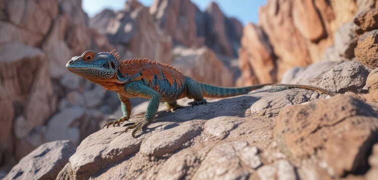 Agama stellio lizard climbing a rocky outcrop, outdoor adventure, desert animal, lizard