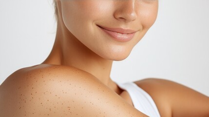 Close-up of a young woman's shoulder and face, showcasing smooth skin and freckles.