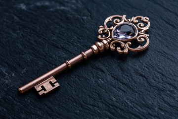 An ornate antique key with a purple gem on a textured dark background.