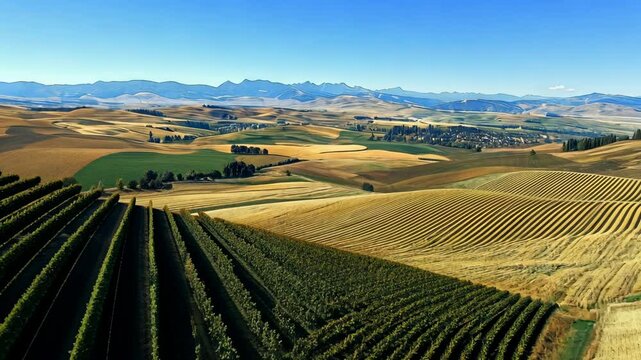 A scenic view of rolling farmland under a clear blue sky, with fields of crops stretching as far as the eye can see.