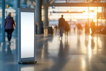 Fototapeta premium A blank mock up vertical advertisement billboard in a bright, modern airport terminal