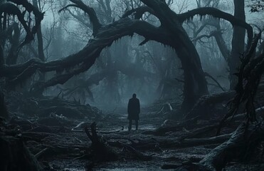 A lone figure stands in a dark, mysterious forest.  The eerie atmosphere is enhanced by the gnarled trees and fog.