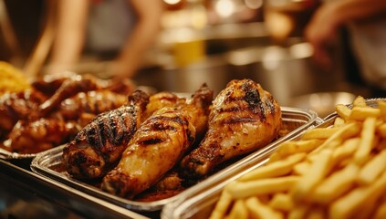 Fototapeta premium Delicious Grilled Chicken and Crispy French Fries at a Food Market