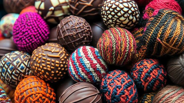 Close-up of luxurious handmade chocolate truffles, vibrant colors and delicate patterns, appetizing presentation in artisan chocolatier's shop