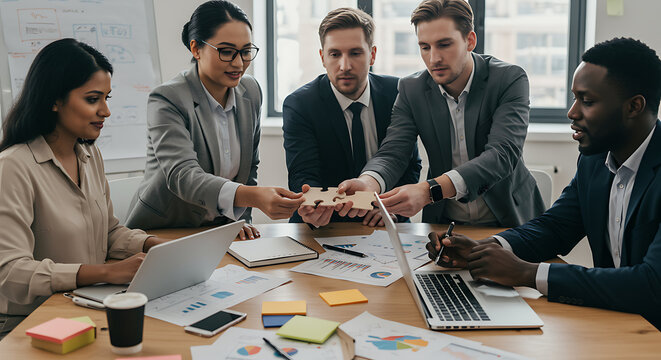 Diverse Business Team Collaborating On Puzzle Pieces In Meeting Room - Powered by Adobe