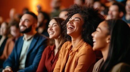Obraz premium A diverse group of people laugh heartily during a lively performance. Joyful expressions fill the room.