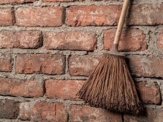 A broom leaning against a brick wall.