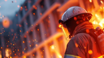 Firefighter battling a blaze, embers flying. Courage and bravery in action.