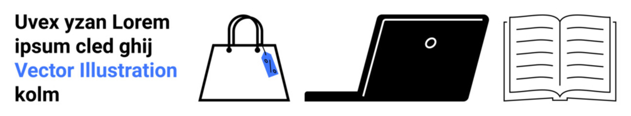 Shopping bag symbolizes e-commerce, laptop represents technology or remote work, and open book implies learning or knowledge acquisition. Ideal for retail, education, work, commerce, technology