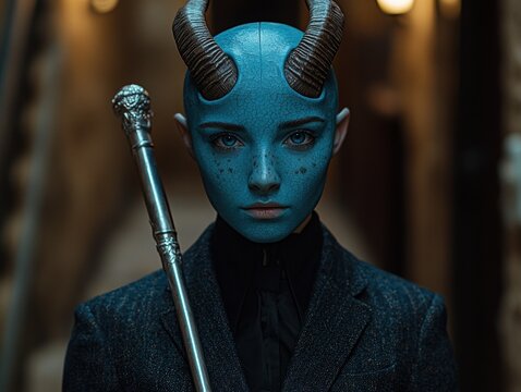 A blue-skinned humanoid with horns poses with a cane.