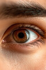 Close-up of a brown human eye with detailed iris and eyelashes.