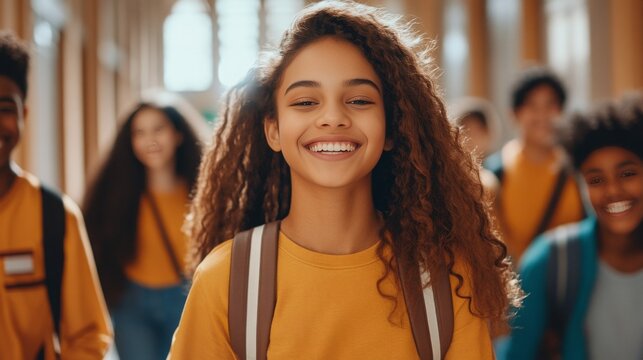 Smiling biracial teen girl in hallway with friends - Powered by Adobe