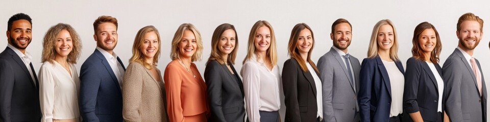 Diverse group of professionals in business attire stand shoulder to shoulder against a white background.