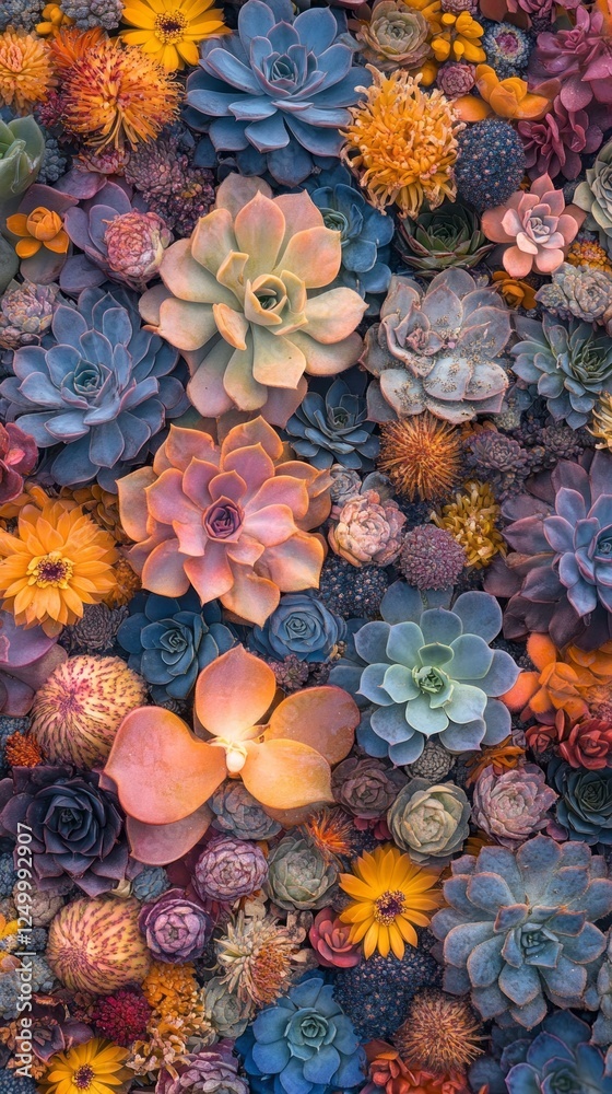 Poster Succulents of various shapes and sizes fill the ground, creating a captivating tapestry of colors. This artistic arrangement highlights the beauty of nature's designs, achieved through focus stacking