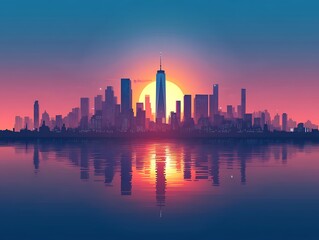 Fototapeta premium NYC Skyline Sunrise Reflection - Cityscape Horizon, Evening View, Beautiful