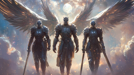 Four armored beings with wings stand united against a cosmic backdrop in a celestial realm. Ancient Cosmic Beings. Illustration