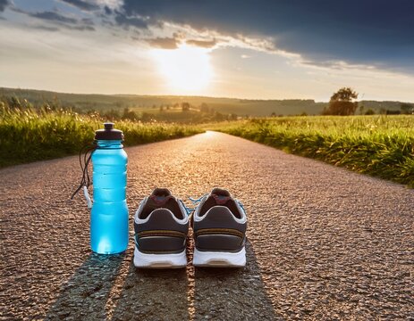 Zapatillas de running y botella de agua en una carretera comarcal, paisaje campestre, deporte sano.