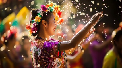 Thai Songkran Festival: Vibrant Floral Fabric with Water Droplets in Motion, Capturing Joy and Renewal