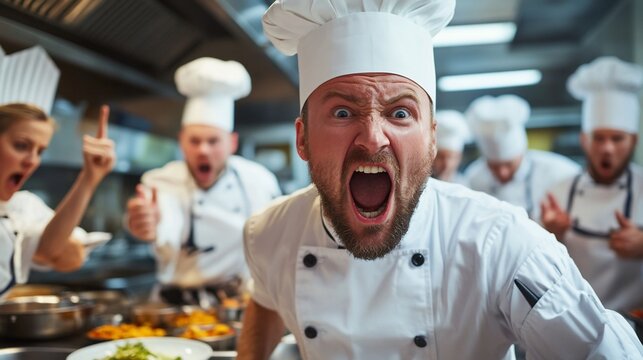Angry Chef in a Busy Kitchen Shouting at His Team