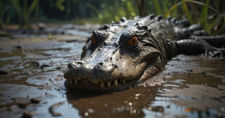 Alligator's snout poking out of the muddy swamp waters , alligator, snout