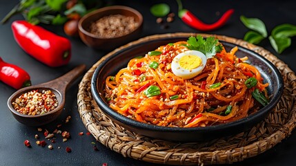 Authentic Thai Som Tum Kai Kem Papaya Salad with Salted Egg Served on a Rustic Woven Tray with Fresh Vegetables   Flavorful Spicy and Healthy Southeast Asian Cuisine