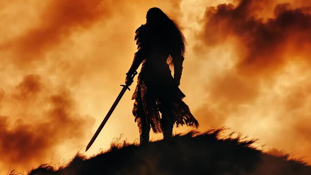 Battle-hardened female warrior in fur-lined armor, standing atop a hill with her sword raised, silhouetted against a burning sky